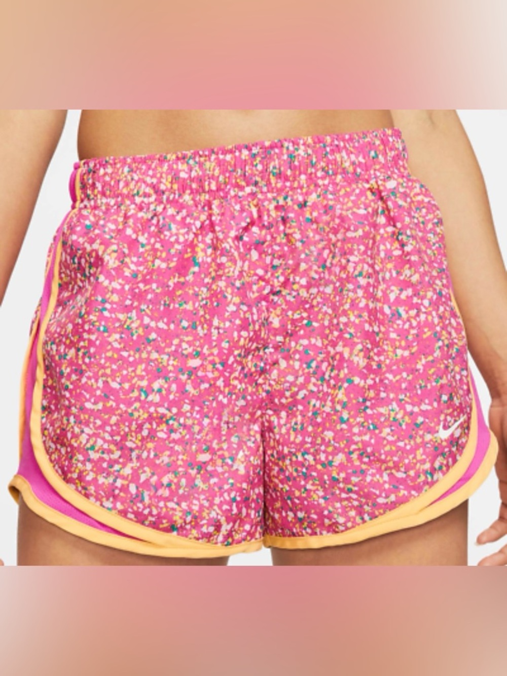 Nike Pink Multicolor Confetti Running Shorts with Yellow Trim